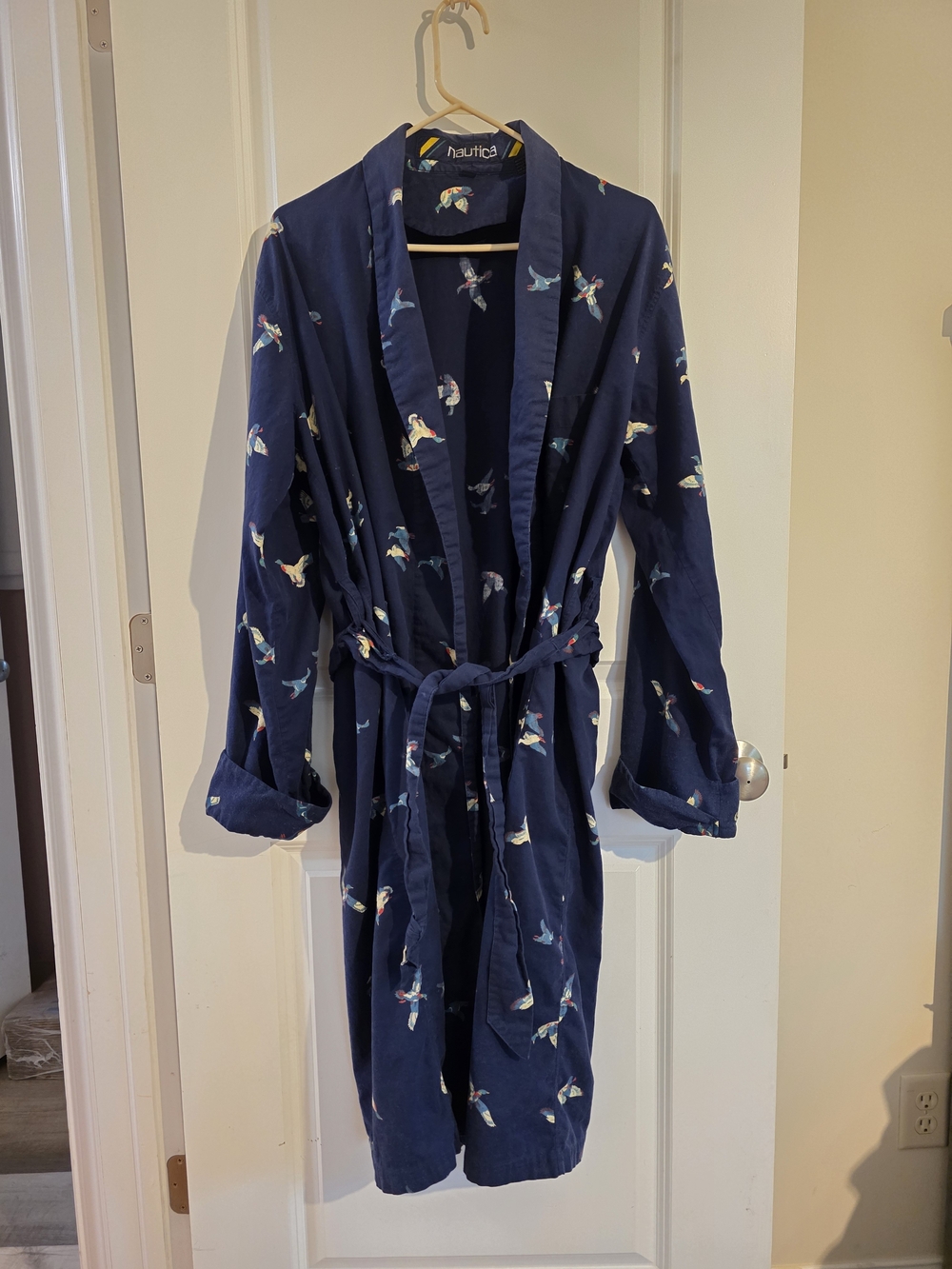 Vintage 90s Cotton Navy Mallard Duck Print Mens Robe Flaws Pictured
